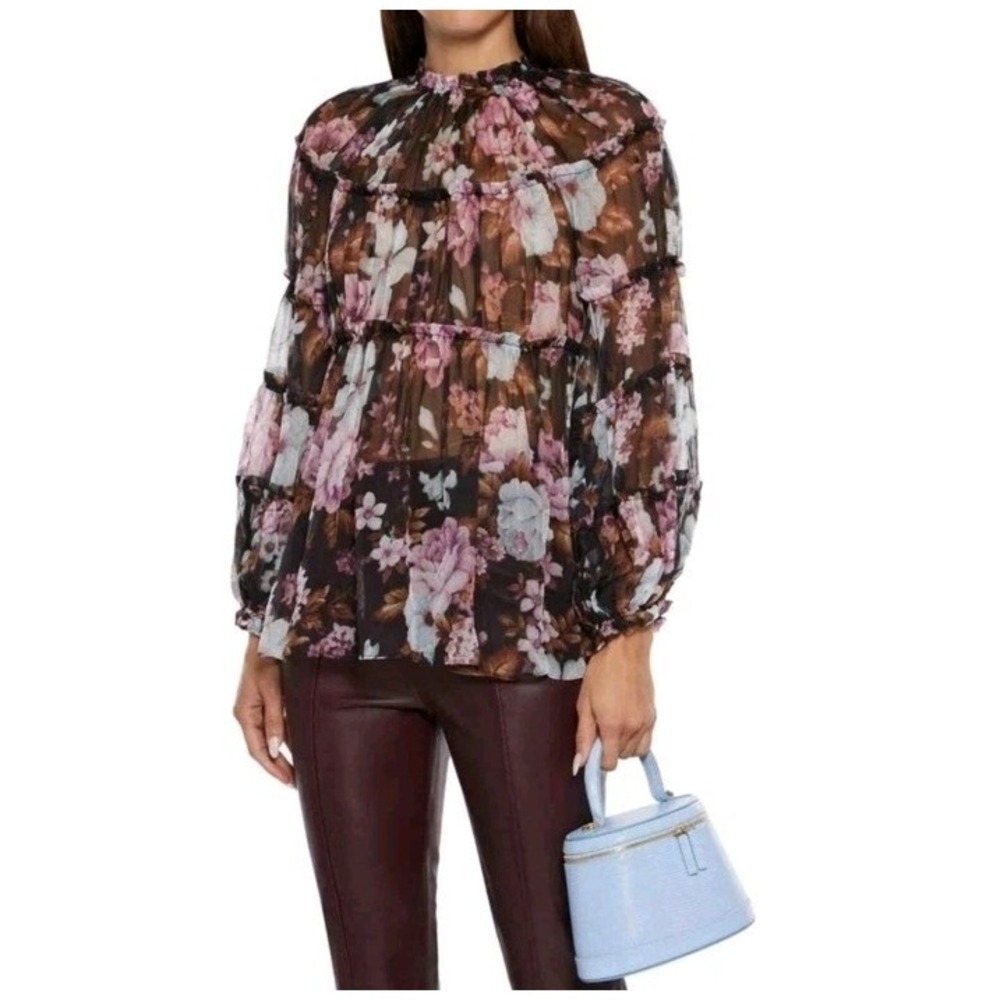 Anthropologie O.P.T. Women's Black Floral‎ Ruffle High Neck Blouse XS Sheer Bell